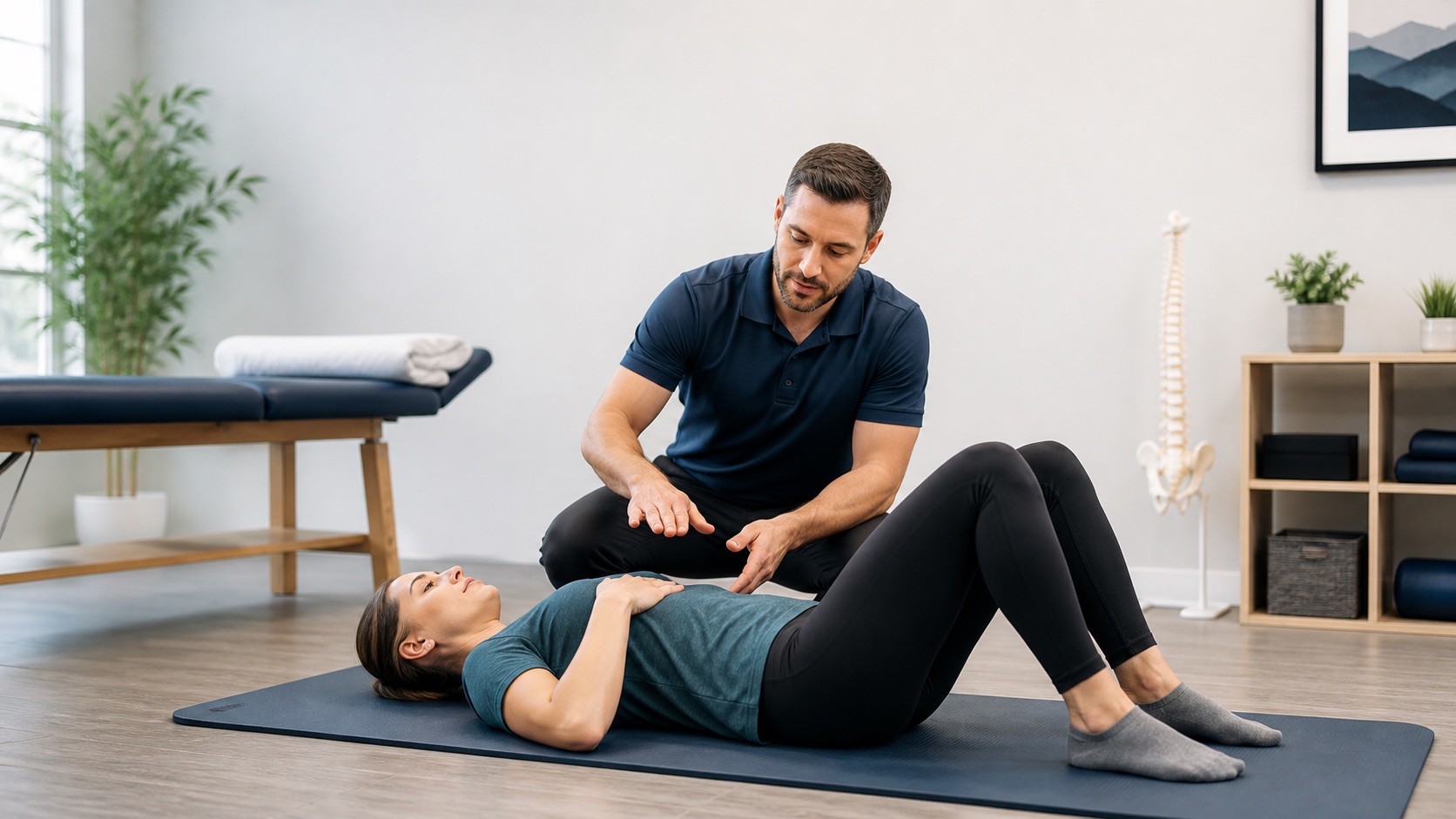 Clinician coaching a patient through breathing and core stability training on an exercise mat