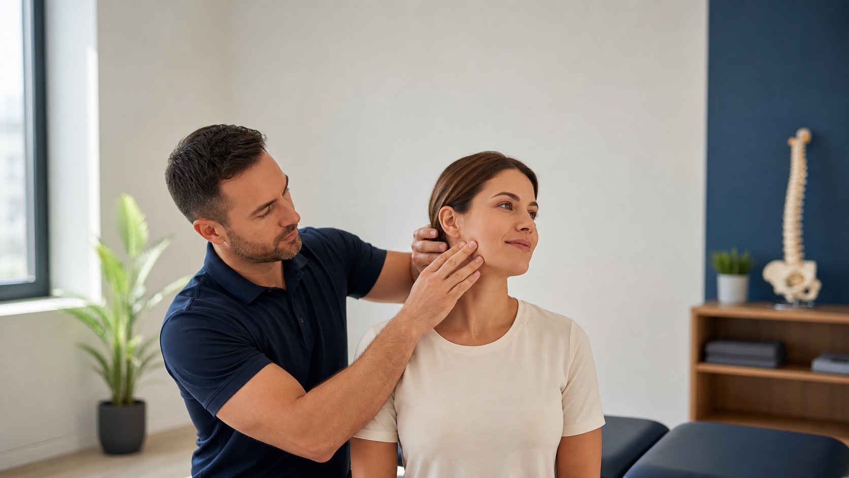 Clinician gently evaluating a patient's jaw and neck mechanics in a chiropractic exam room